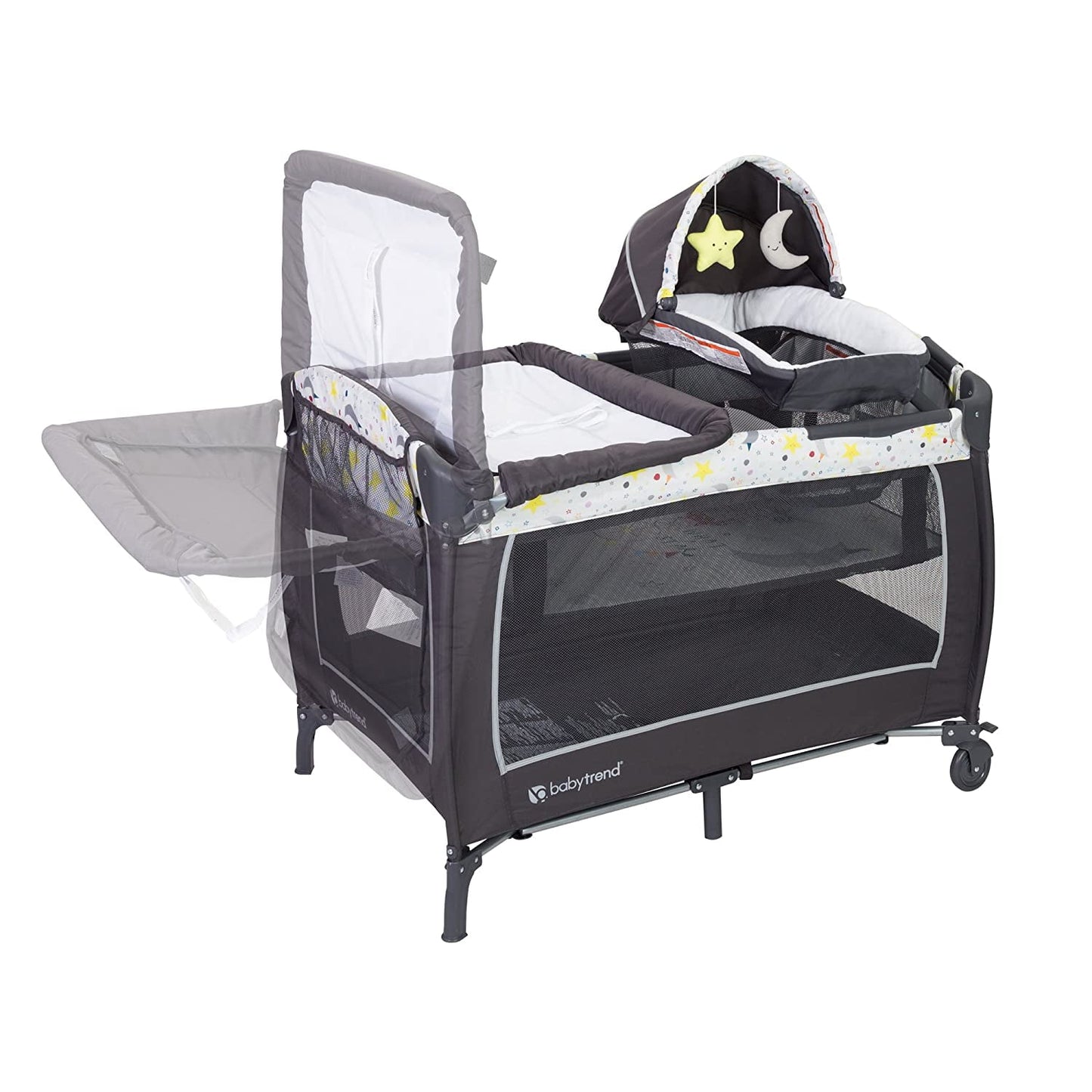 Baby Trend Lil Snooze Deluxe II Nursery Center Playard with Changer and Bassient, Twinkle Twinkle Little Moon, White/Gray