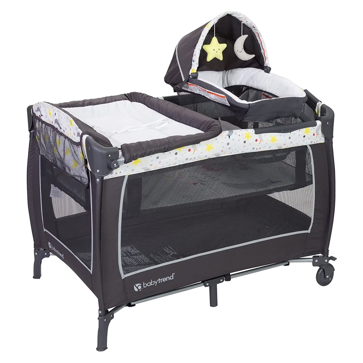 Baby Trend Lil Snooze Deluxe II Nursery Center Playard with Changer and Bassient, Twinkle Twinkle Little Moon, White/Gray