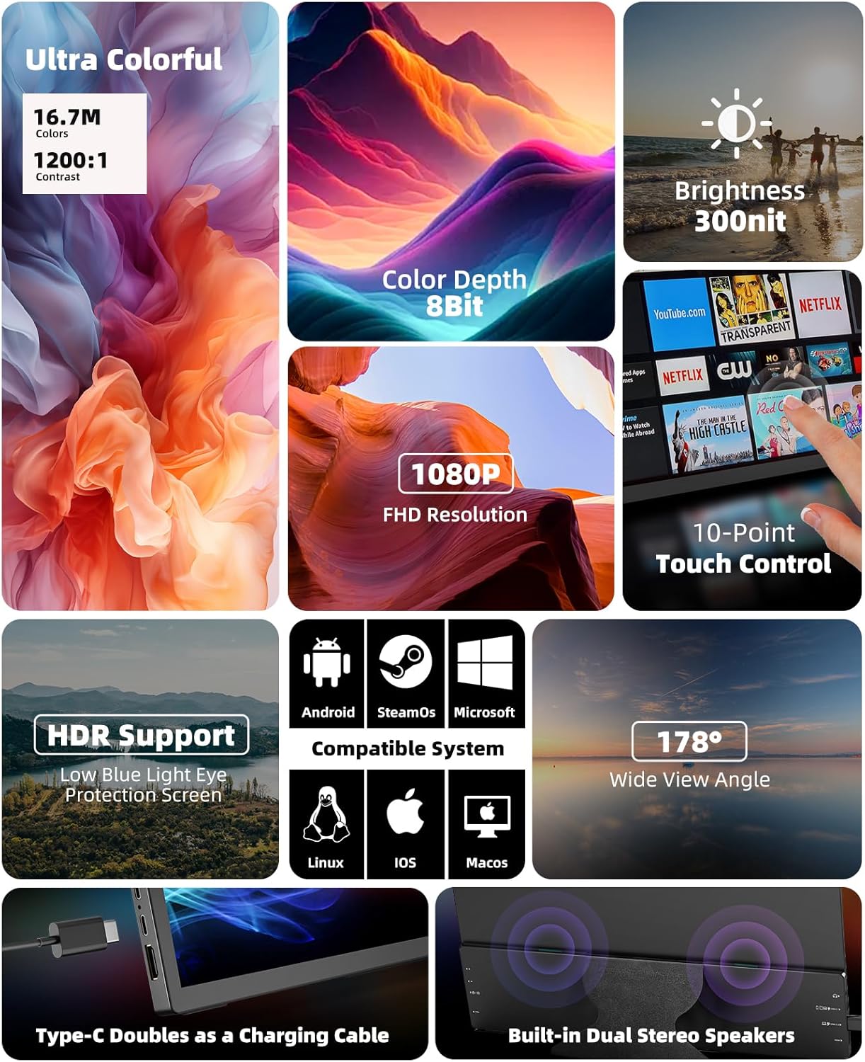 Portable Monitor Touchscreen 15.6" 1080P FHD IPS, 10-Point Touch Travel Gaming Display with Dual Speakers & Kickstand, USB-C HDMI External Screen for Laptop, Macbook, Phone, PS5, Switch