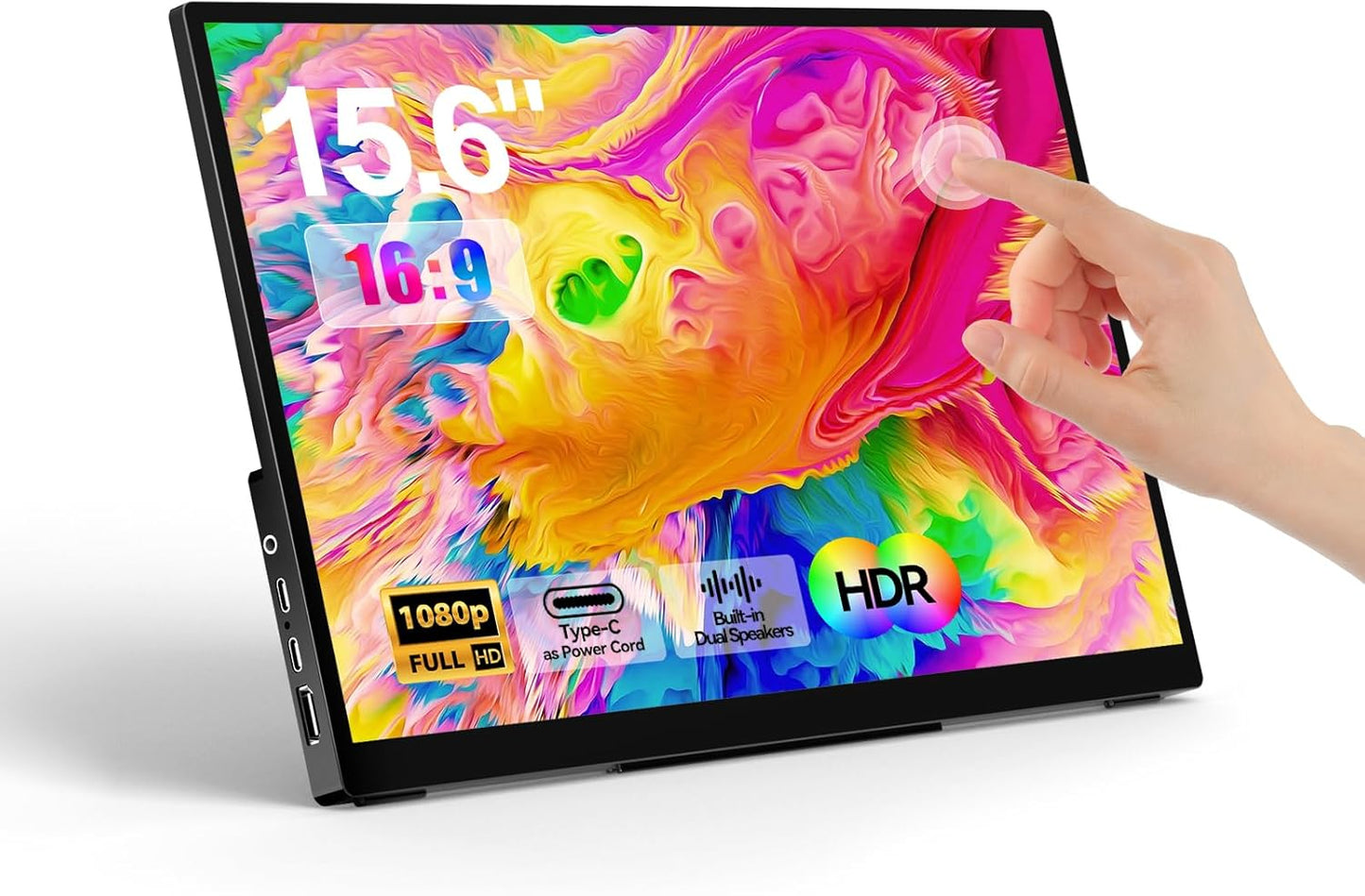 Portable Monitor Touchscreen 15.6" 1080P FHD IPS, 10-Point Touch Travel Gaming Display with Dual Speakers & Kickstand, USB-C HDMI External Screen for Laptop, Macbook, Phone, PS5, Switch