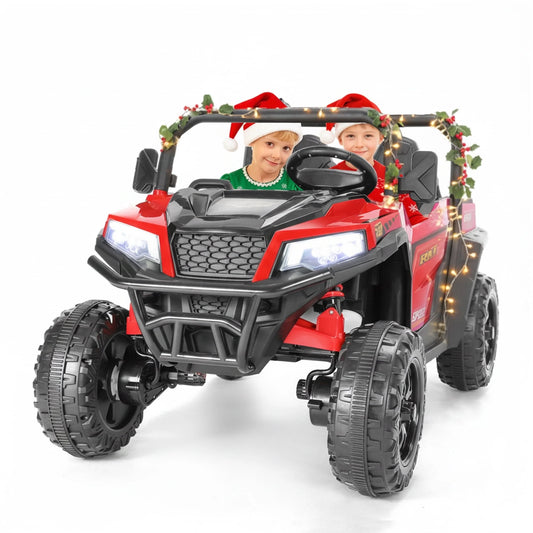 FUNTOK 24V 2 Seater Electric Ride on Toys for Big Kids W/ 20 " Large Seat, 4 X 200W Motors, 2WD/4WD Switchable Ride on UTV Dump Truck W/ Dump Bed, Remote Control, LED Lights, Bluetooth & Music, Red