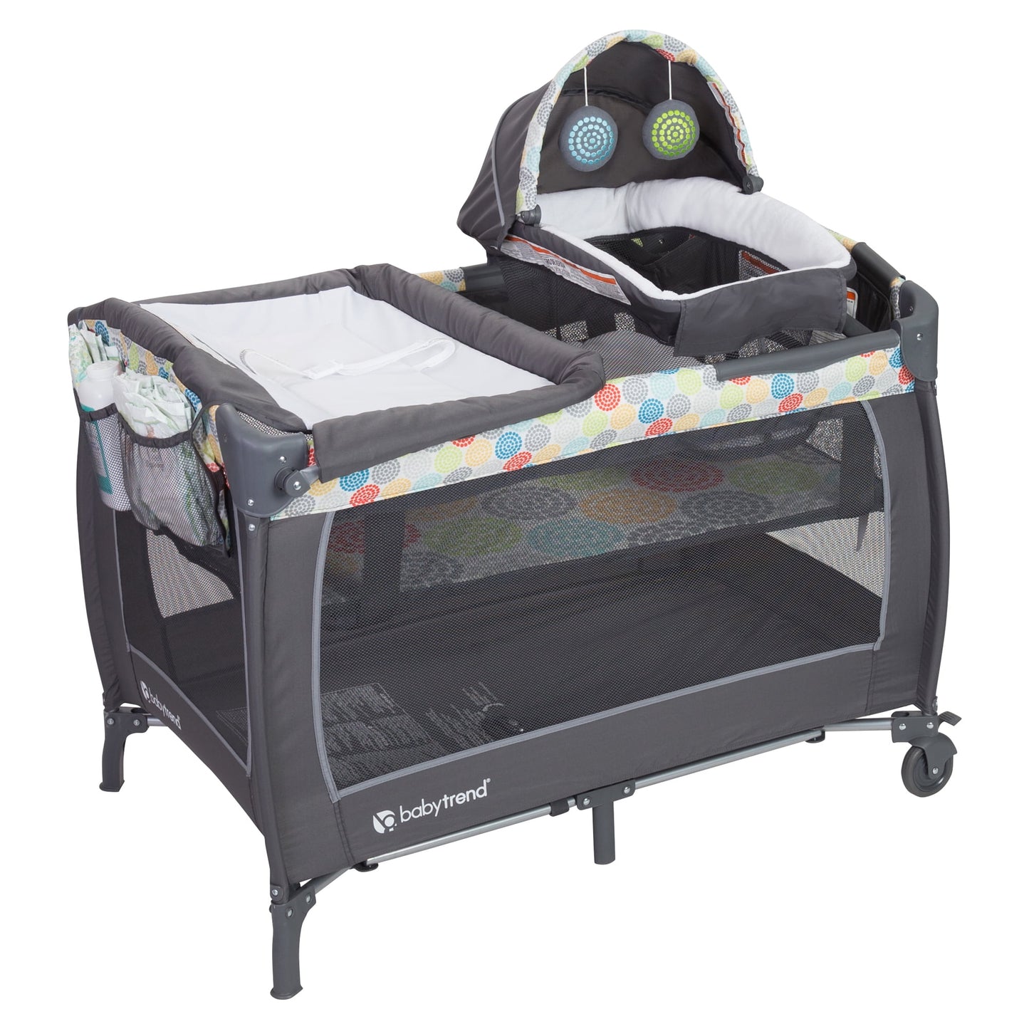 Baby Trend Lil Snooze Deluxe II Nursery Center Playard with Changer and Bassient, Twinkle Twinkle Little Moon, White/Gray