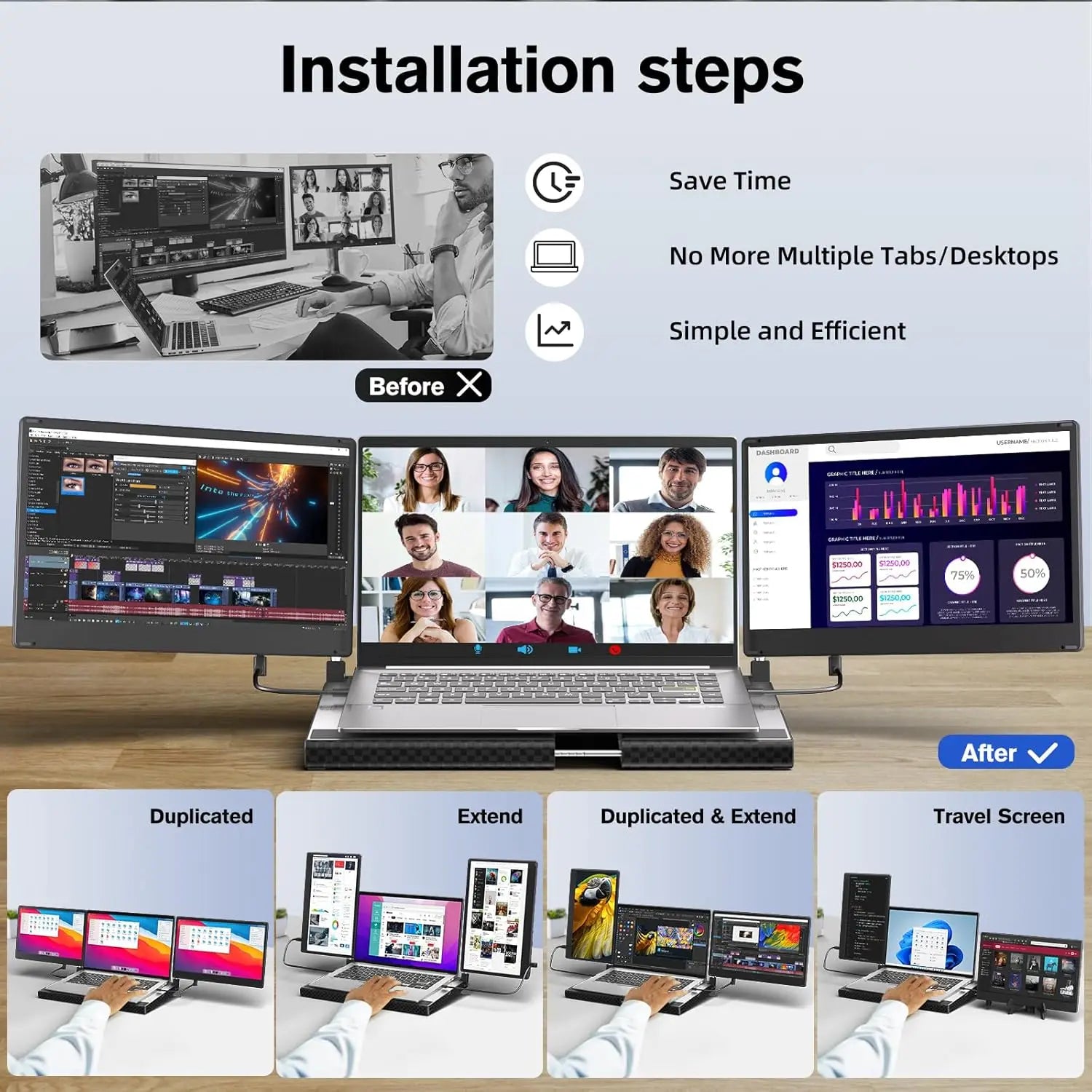 Laptop Triple Screen Extender - 14" Monitor IPS FHD 1080P HDMI USB-C Detachable Portable Display for 12-17.3 Inch Laptops