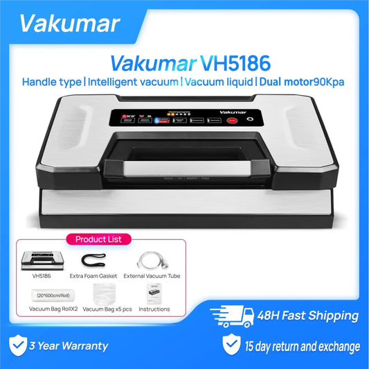 Vakumar VH5186 Kitchen Automatic Commercial Household Food Vacuum Sealer Packaging Machine Include 2 Rolls Vacuum Packed Bags