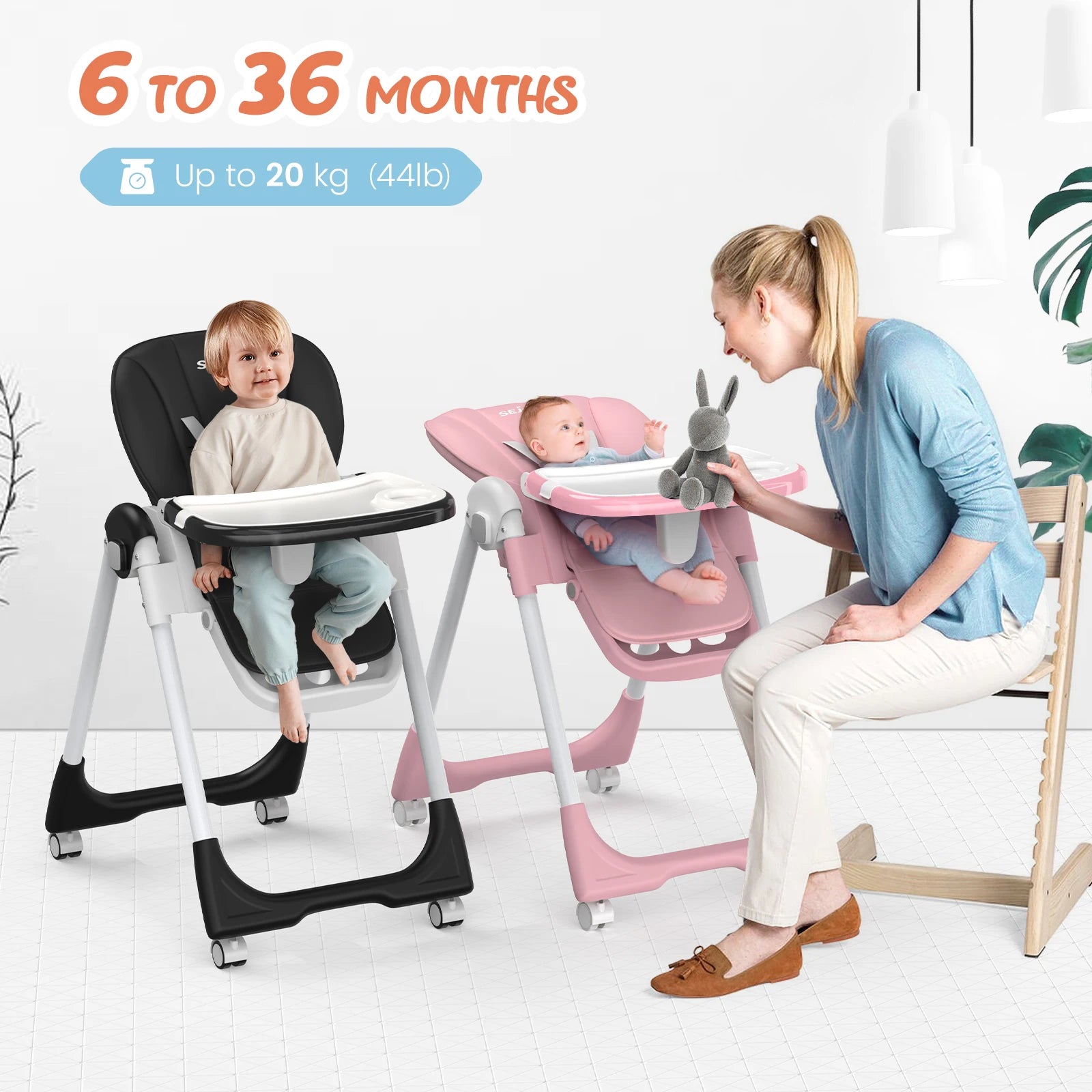 Sejoy Adjustable Baby High Chair with 5-Point Harness 3-Tier Tray & Wheels CE/CPC Certified Children'S Dining Chair