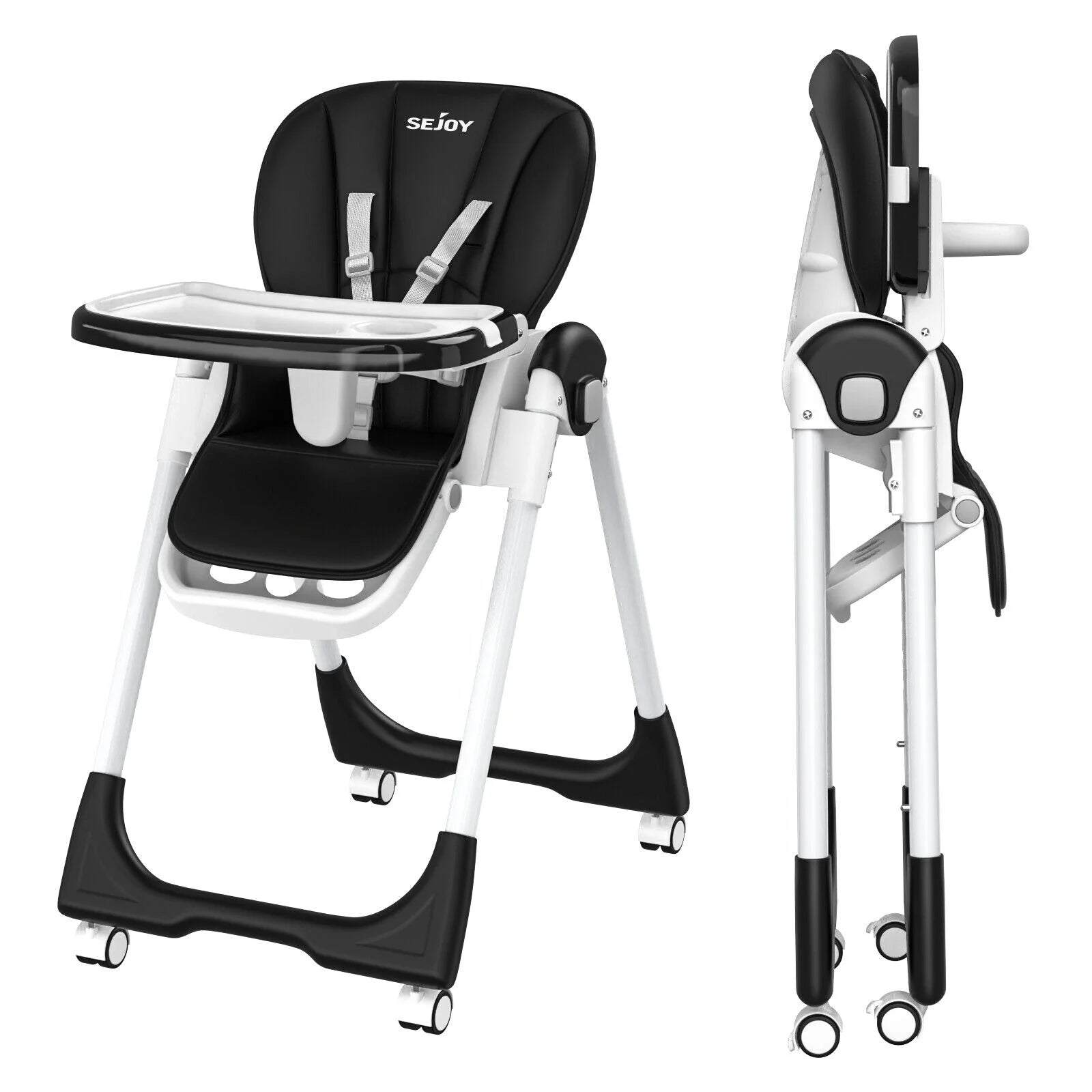 Sejoy Adjustable Baby High Chair with 5-Point Harness 3-Tier Tray & Wheels CE/CPC Certified Children'S Dining Chair
