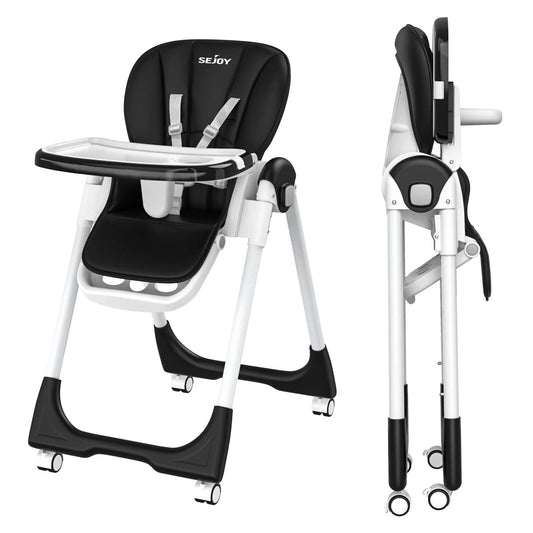 Sejoy Adjustable Baby High Chair with 5-Point Harness 3-Tier Tray & Wheels CE/CPC Certified Children'S Dining Chair
