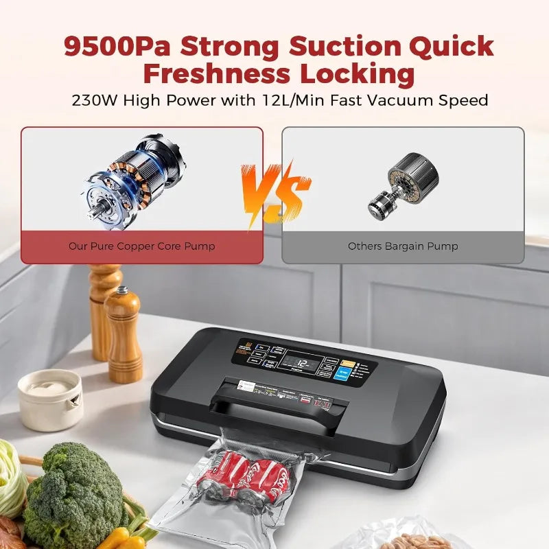 Commercial Full Automatic Food Sealer,Powerful Sealing System with Double Heat Seal,Built-In Cutter&
