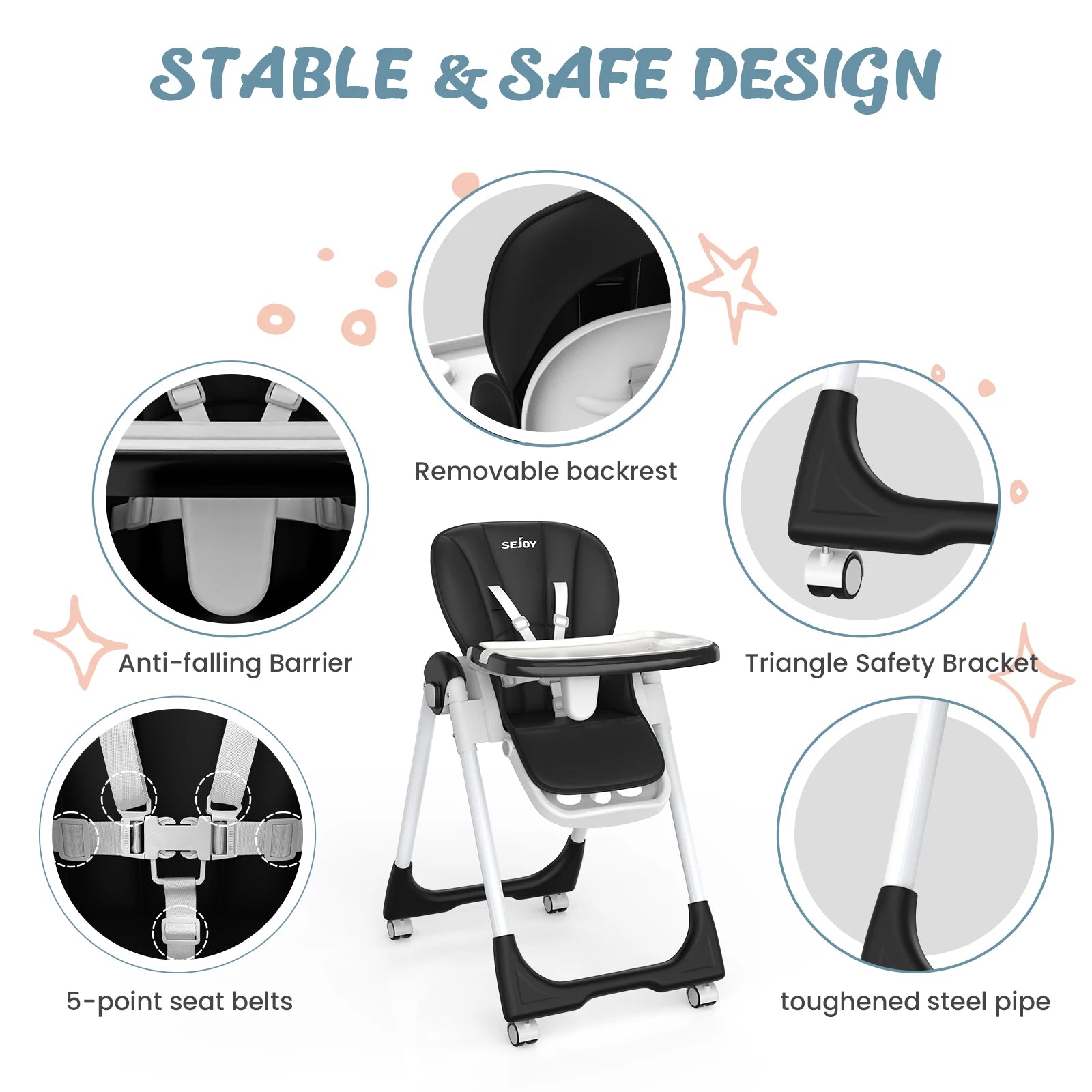 Sejoy Adjustable Baby High Chair with 5-Point Harness 3-Tier Tray & Wheels CE/CPC Certified Children'S Dining Chair