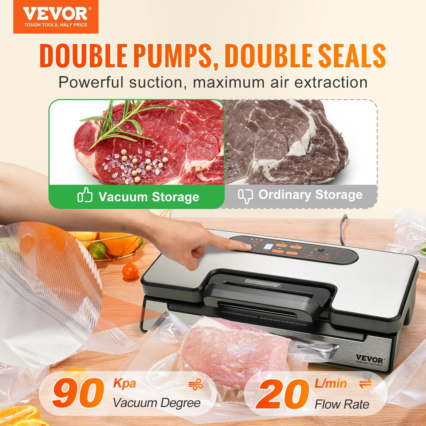 VEVOR 90Kpa 130W Vacuum Sealer Food Packaging Machine with Free 10Pcs Vacuum Bags for Household Kitchen Vacuum Food Sealing