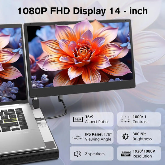 Laptop Triple Screen Extender - 14" Monitor IPS FHD 1080P HDMI USB-C Detachable Portable Display for 12-17.3 Inch Laptops