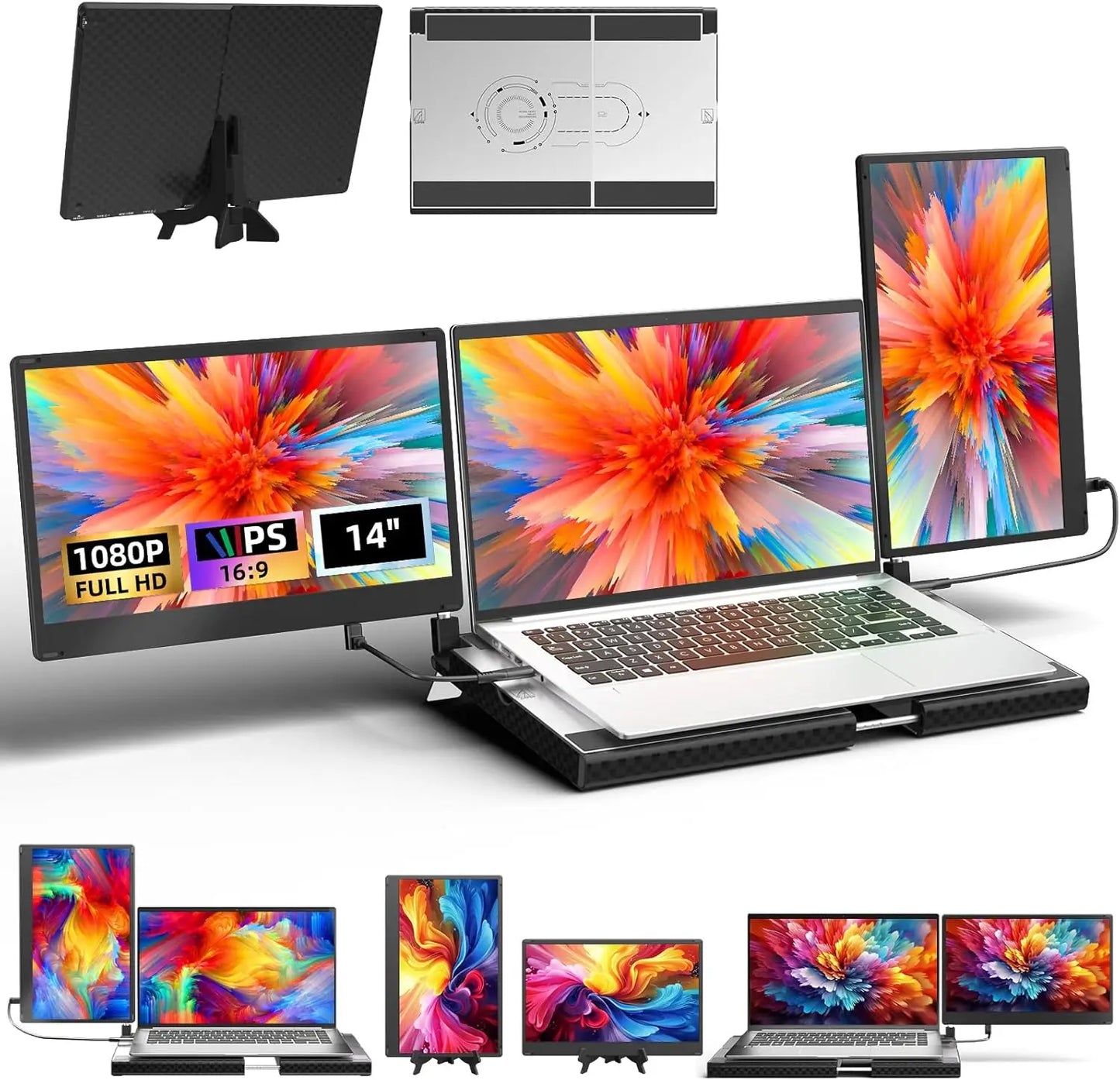Laptop Triple Screen Extender - 14" Monitor IPS FHD 1080P HDMI USB-C Detachable Portable Display for 12-17.3 Inch Laptops