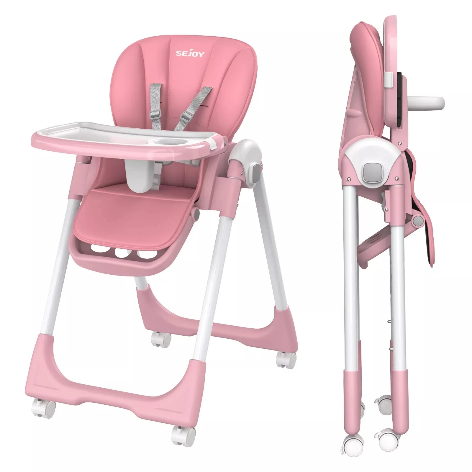 Sejoy Adjustable Baby High Chair with 5-Point Harness 3-Tier Tray & Wheels CE/CPC Certified Children'S Dining Chair