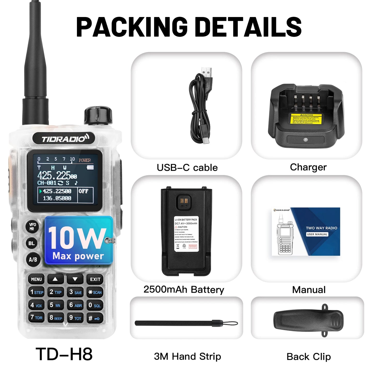 US/EU 2Nd Gen TIDRADIO TD-H8 10W Professional Walkie Talkie Portable Long Range Radio Phone Wireless Programmable Search