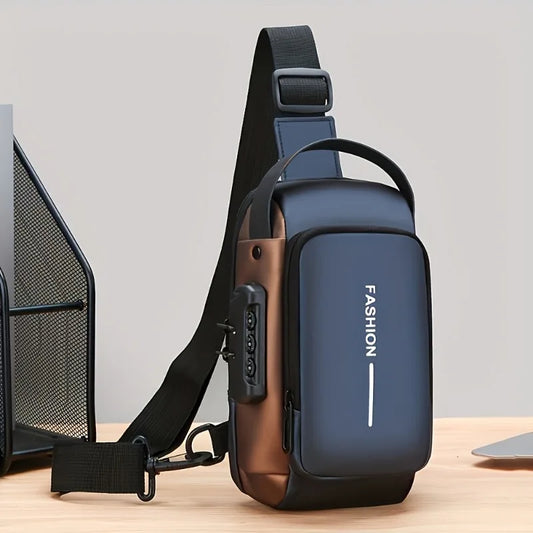 Men Chest Bag PU Leather Shoulder Bag  Charging Port Waterproof Crossbody Bags