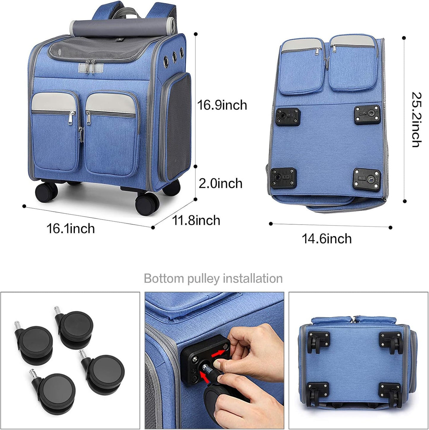 ATUBAN Wheeled Pet Carrier Backpack