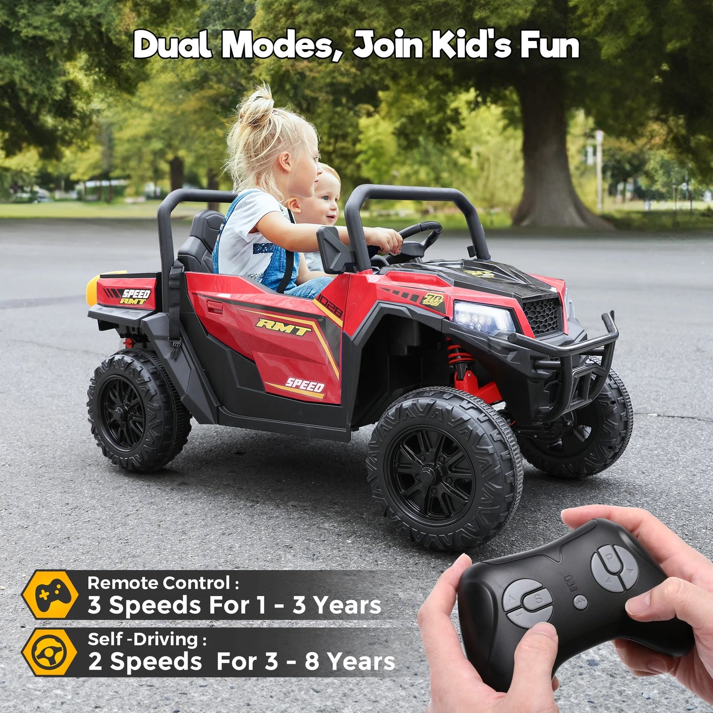 FUNTOK 24V 2 Seater Electric Ride on Toys for Big Kids W/ 20 " Large Seat, 4 X 200W Motors, 2WD/4WD Switchable Ride on UTV Dump Truck W/ Dump Bed, Remote Control, LED Lights, Bluetooth & Music, Red