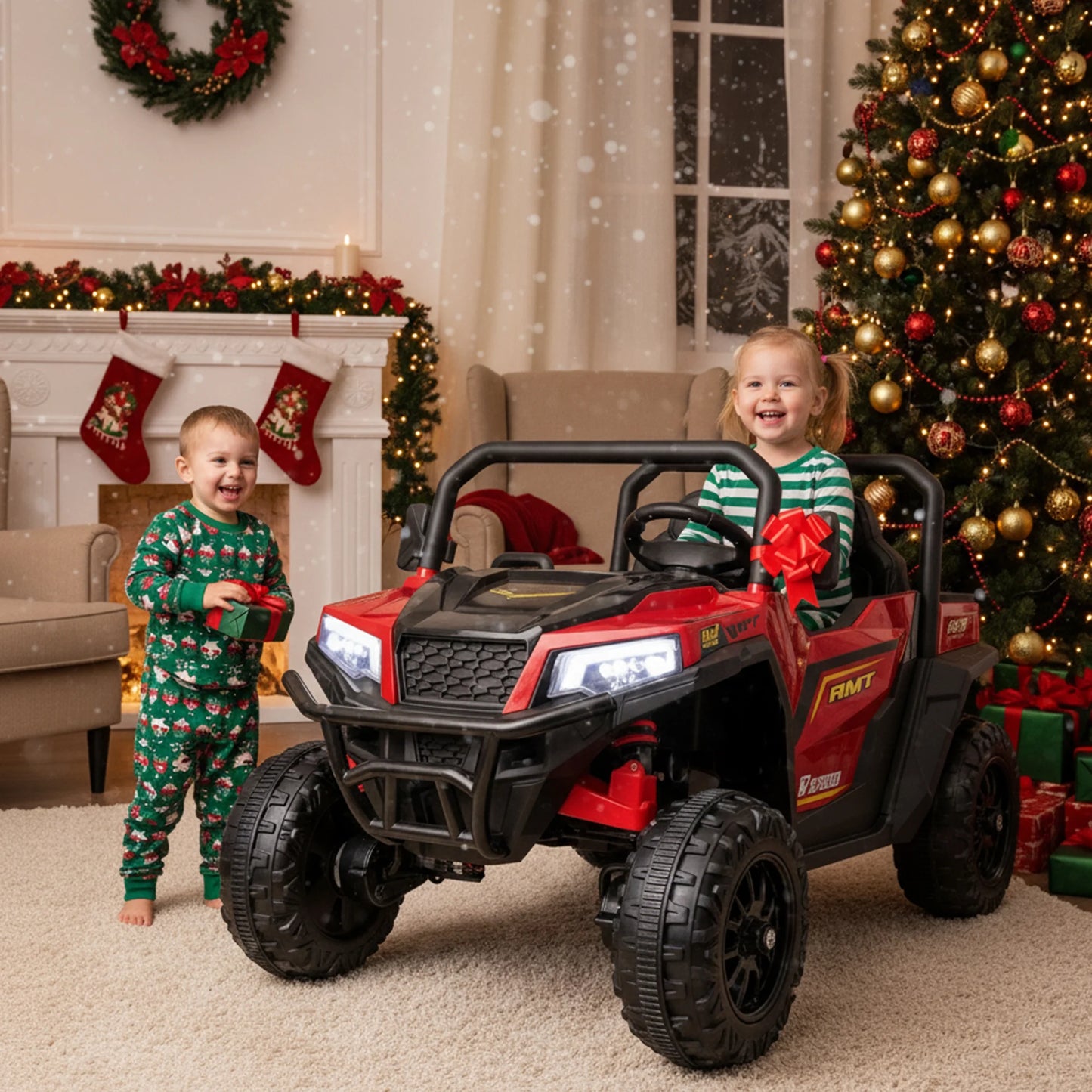 FUNTOK 24V 2 Seater Electric Ride on Toys for Big Kids W/ 20 " Large Seat, 4 X 200W Motors, 2WD/4WD Switchable Ride on UTV Dump Truck W/ Dump Bed, Remote Control, LED Lights, Bluetooth & Music, Red