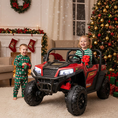FUNTOK 24V 2 Seater Electric Ride on Toys for Big Kids W/ 20 " Large Seat, 4 X 200W Motors, 2WD/4WD Switchable Ride on UTV Dump Truck W/ Dump Bed, Remote Control, LED Lights, Bluetooth & Music, Red
