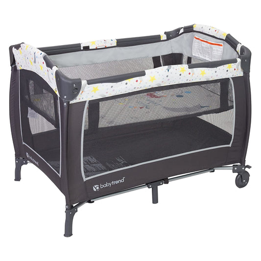 Baby Trend Lil Snooze Deluxe II Nursery Center Playard with Changer and Bassient, Twinkle Twinkle Little Moon, White/Gray