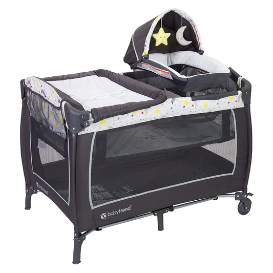Baby Trend Lil Snooze Deluxe II Nursery Center Playard with Changer and Bassient, Twinkle Twinkle Little Moon, White/Gray