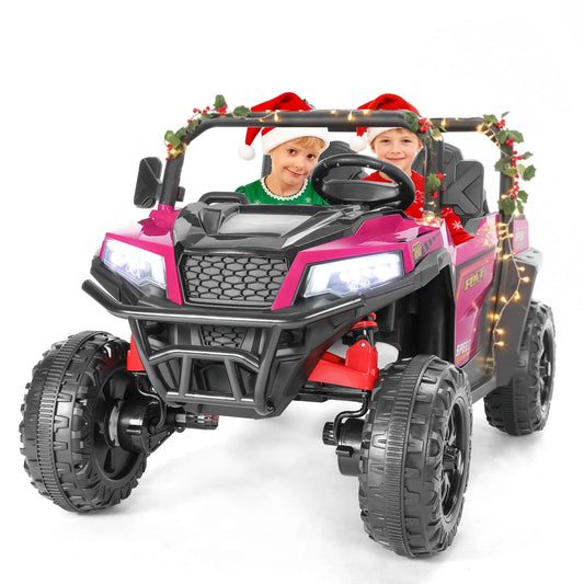 FUNTOK 24V 2 Seater Electric Ride on Toys for Big Kids W/ 20 " Large Seat, 4 X 200W Motors, 2WD/4WD Switchable Ride on UTV Dump Truck W/ Dump Bed, Remote Control, LED Lights, Bluetooth & Music, Red