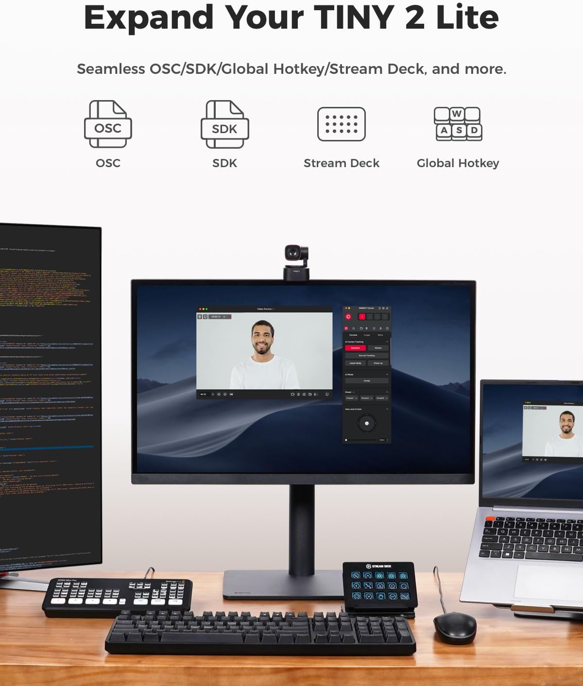OBSBOT Tiny 2 Lite PTZ 4K Webcam 1080P@60Fps HDR with AI Tracking Privacy Cover Microphone 1/2" Sensor USB2.0 Plug&Play