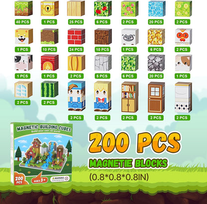 200PCS Magnetic Building Blocks Set, Magnetic Tiles Kids Build Cubes STEM Game Toys, Build Forest World Set, Christmas Birthday Gifts for Boys & Girls Age 3 4 5 6 7 8 9 10, 0.8 in Size
