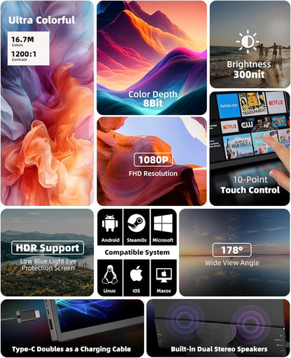 Portable Monitor Touchscreen 15.6" 1080P FHD IPS, 10-Point Touch Travel Gaming Display with Dual Speakers & Kickstand, USB-C HDMI External Screen for Laptop, Macbook, Phone, PS5, Switch