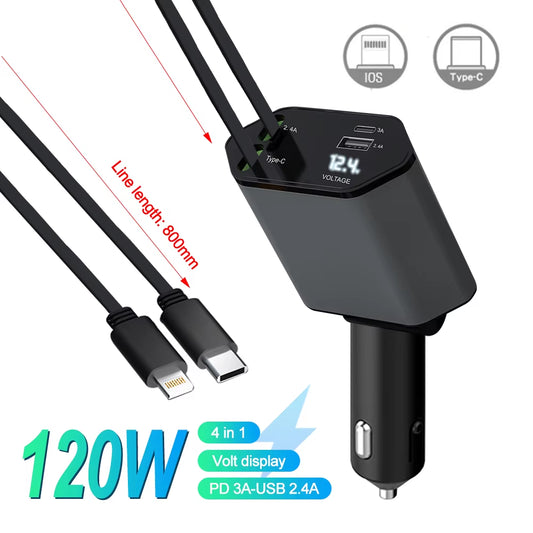 PD 120W Quick Car Charger with Retractable Cables