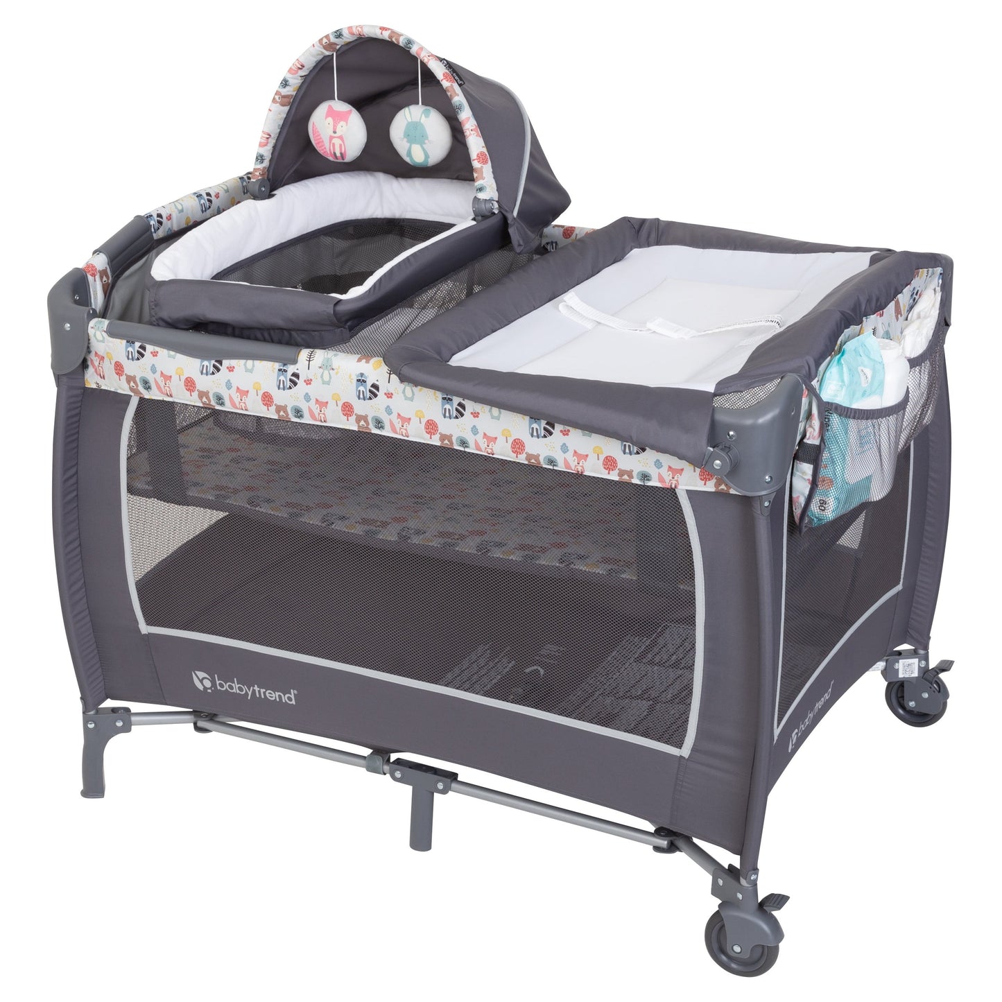 Baby Trend Lil Snooze Deluxe II Nursery Center Playard with Changer and Bassient, Twinkle Twinkle Little Moon, White/Gray