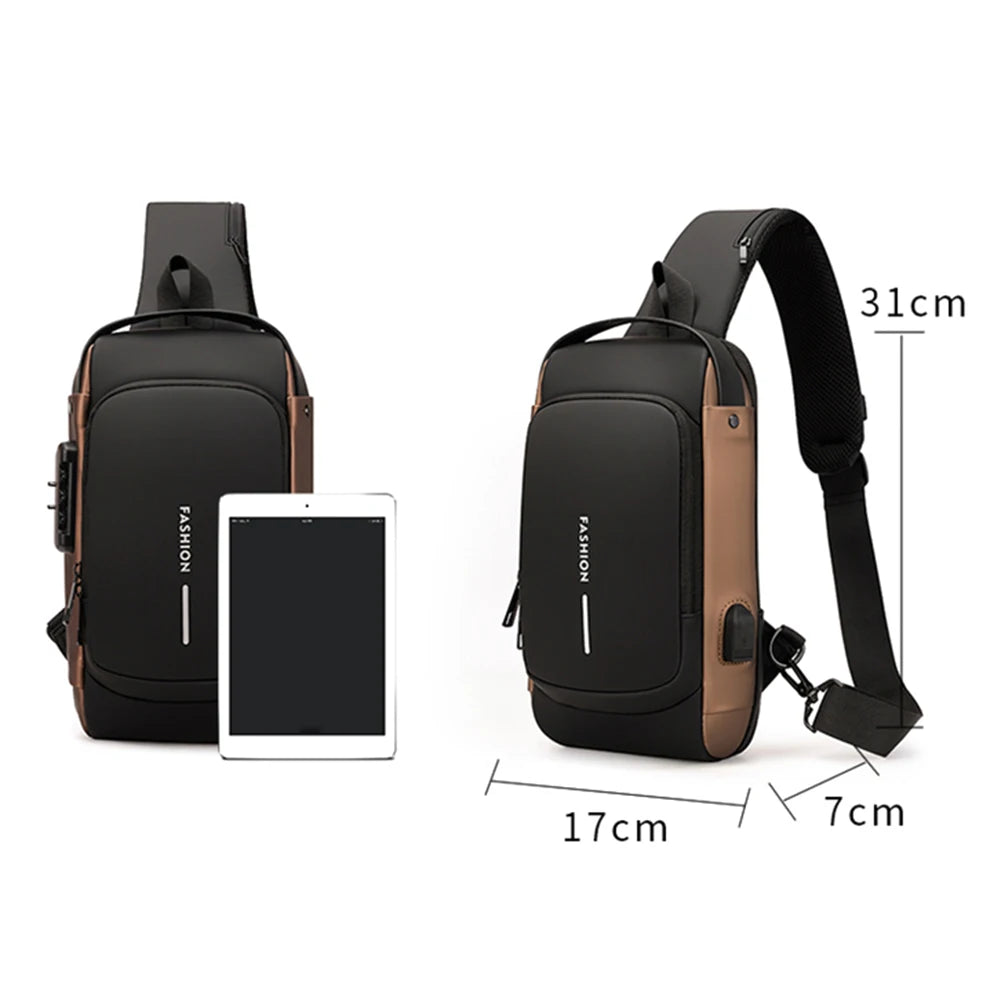 Men Chest Bag PU Leather Male Shoulder Bag anti Theft USB Charging Port Waterproof Crossbody Bags Travel Outdoor Sport Sling Bag