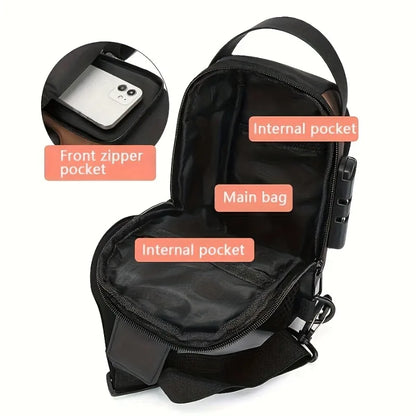 Men Chest Bag PU Leather Shoulder Bag  Charging Port Waterproof Crossbody Bags