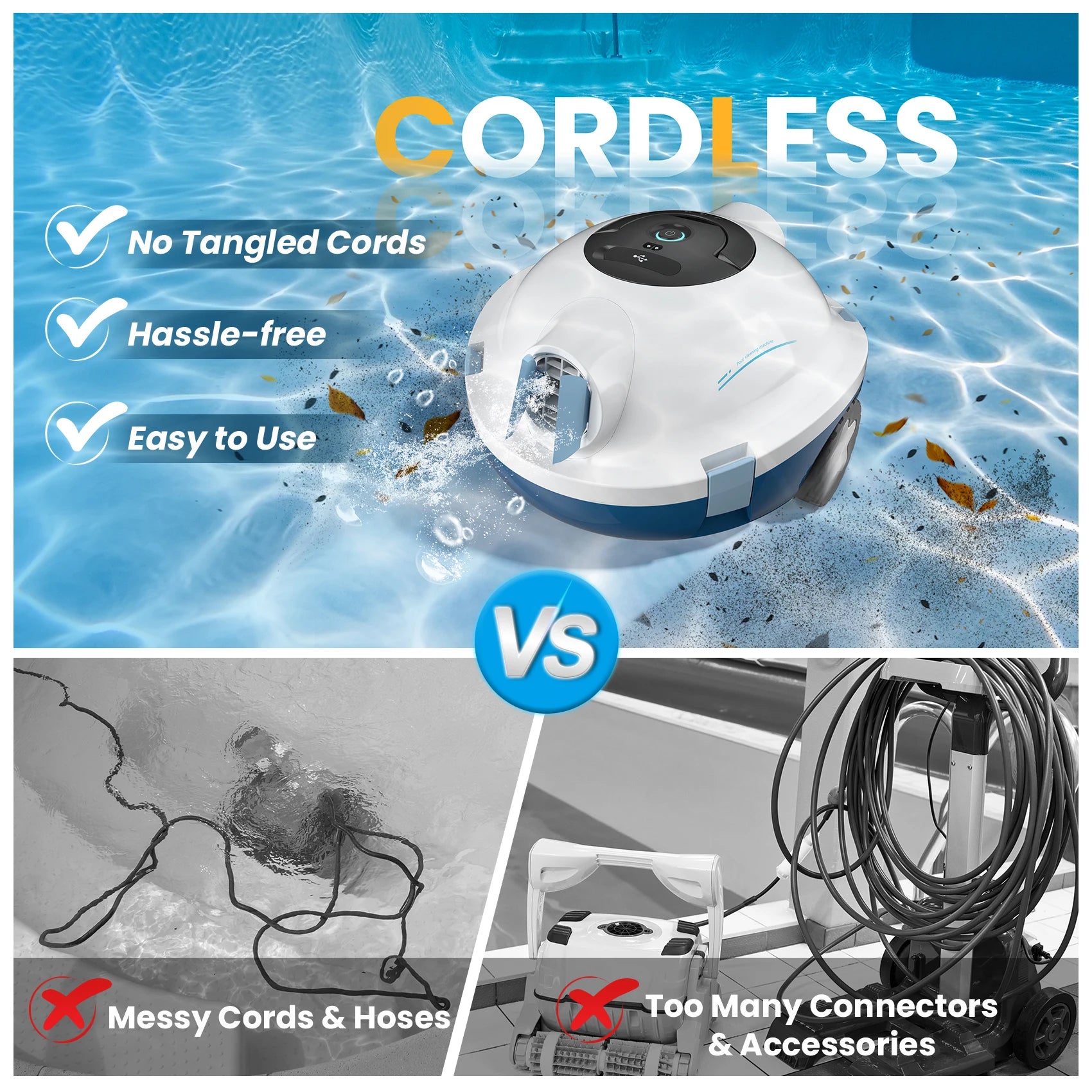 Y10 Cordless Robotic Pool Vacuum Cleaner, 90 Mins Runtime, Self-Parking, Ideal for Above/In-Ground Pool about 65 Ft/1100 Sq.Ft