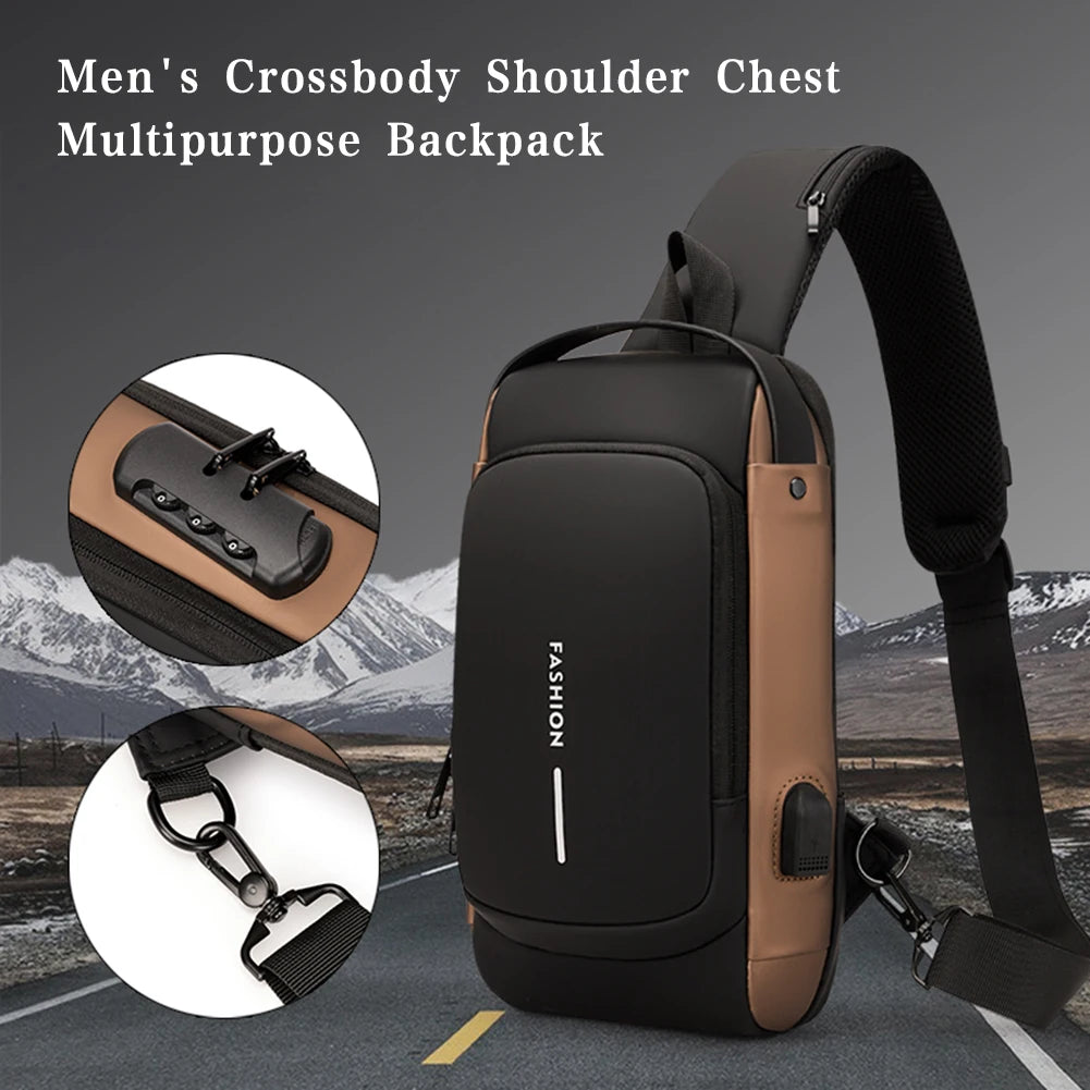 Men Chest Bag PU Leather Male Shoulder Bag anti Theft USB Charging Port Waterproof Crossbody Bags Travel Outdoor Sport Sling Bag