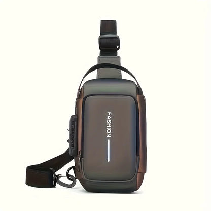 Men Chest Bag PU Leather Shoulder Bag  Charging Port Waterproof Crossbody Bags