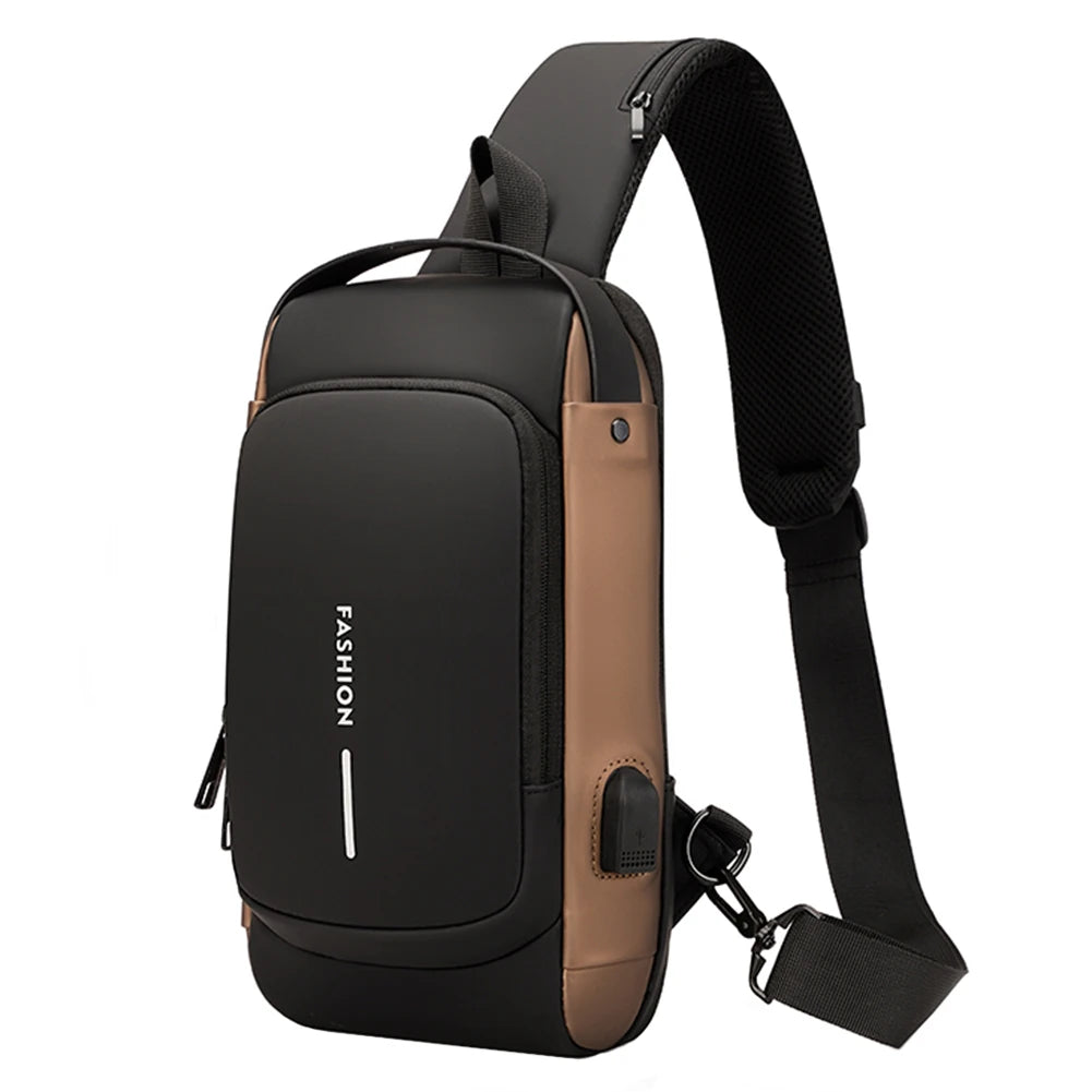 Men Chest Bag PU Leather Male Shoulder Bag anti Theft USB Charging Port Waterproof Crossbody Bags Travel Outdoor Sport Sling Bag