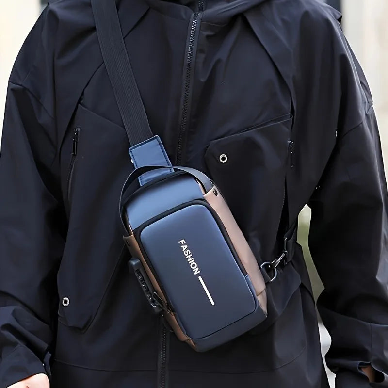 Men Chest Bag PU Leather Shoulder Bag  Charging Port Waterproof Crossbody Bags