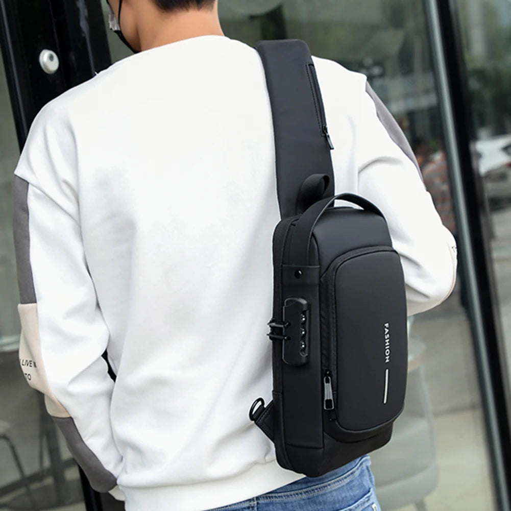 Men Chest Bag PU Leather Male Shoulder Bag anti Theft USB Charging Port Waterproof Crossbody Bags Travel Outdoor Sport Sling Bag