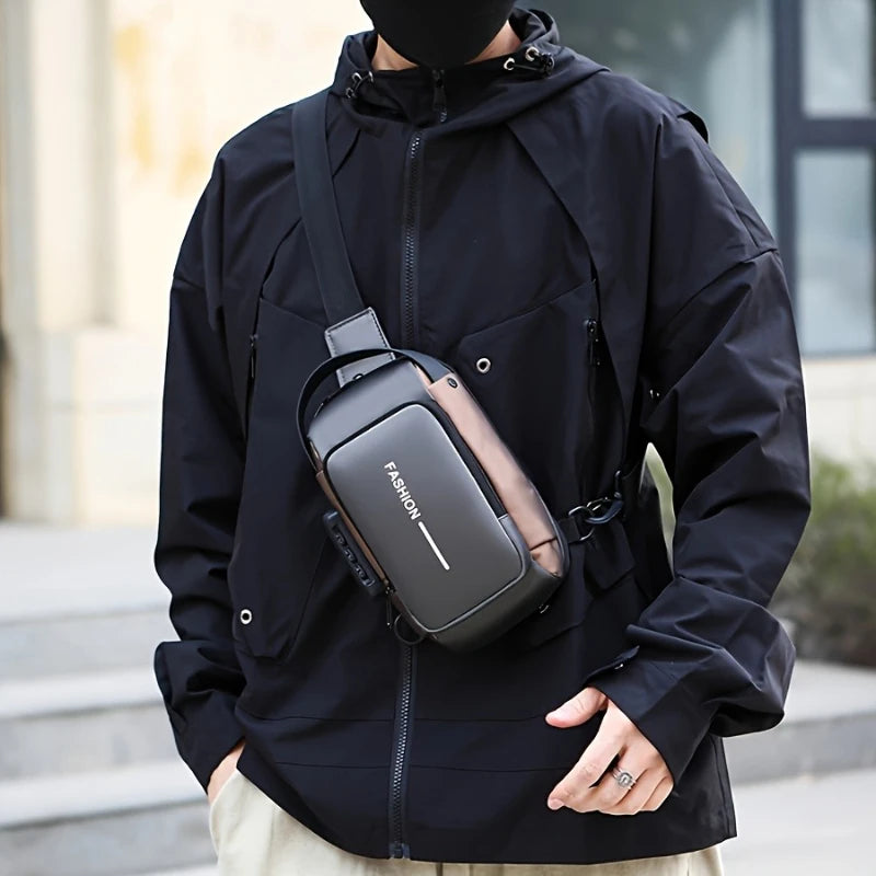 Men Chest Bag PU Leather Shoulder Bag  Charging Port Waterproof Crossbody Bags