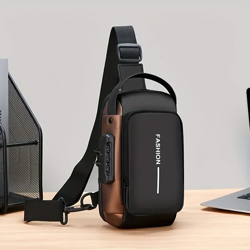 Men Chest Bag PU Leather Shoulder Bag  Charging Port Waterproof Crossbody Bags