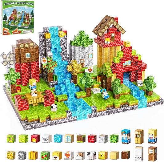 200PCS Magnetic Building Blocks Set, Magnetic Tiles Kids Build Cubes STEM Game Toys, Build Forest World Set, Christmas Birthday Gifts for Boys & Girls Age 3 4 5 6 7 8 9 10, 0.8 in Size