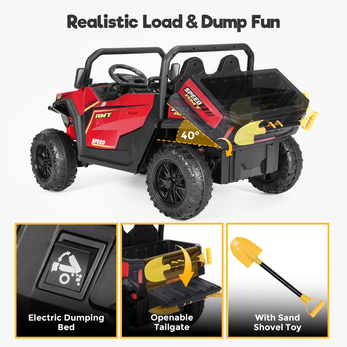 FUNTOK 24V 2 Seater Electric Ride on Toys for Big Kids W/ 20 " Large Seat, 4 X 200W Motors, 2WD/4WD Switchable Ride on UTV Dump Truck W/ Dump Bed, Remote Control, LED Lights, Bluetooth & Music, Red