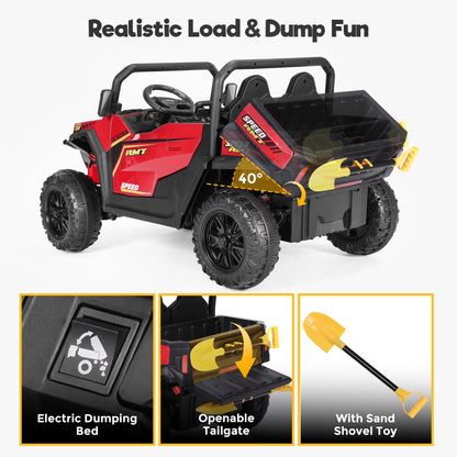 FUNTOK 24V 2 Seater Electric Ride on Toys for Big Kids W/ 20 " Large Seat, 4 X 200W Motors, 2WD/4WD Switchable Ride on UTV Dump Truck W/ Dump Bed, Remote Control, LED Lights, Bluetooth & Music, Red