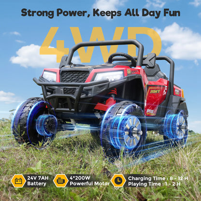 FUNTOK 24V 2 Seater Electric Ride on Toys for Big Kids W/ 20 " Large Seat, 4 X 200W Motors, 2WD/4WD Switchable Ride on UTV Dump Truck W/ Dump Bed, Remote Control, LED Lights, Bluetooth & Music, Red