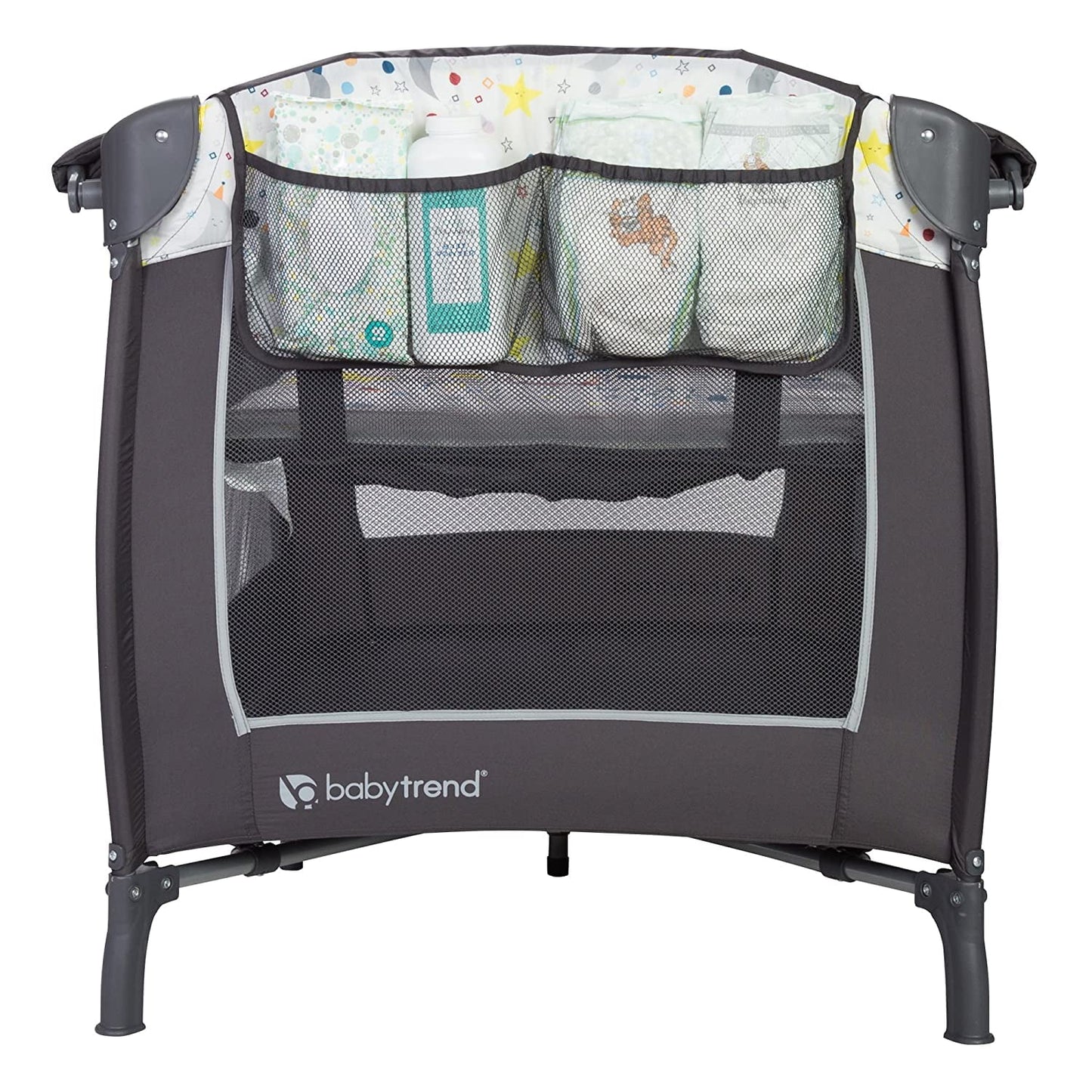 Baby Trend Lil Snooze Deluxe II Nursery Center Playard with Changer and Bassient, Twinkle Twinkle Little Moon, White/Gray
