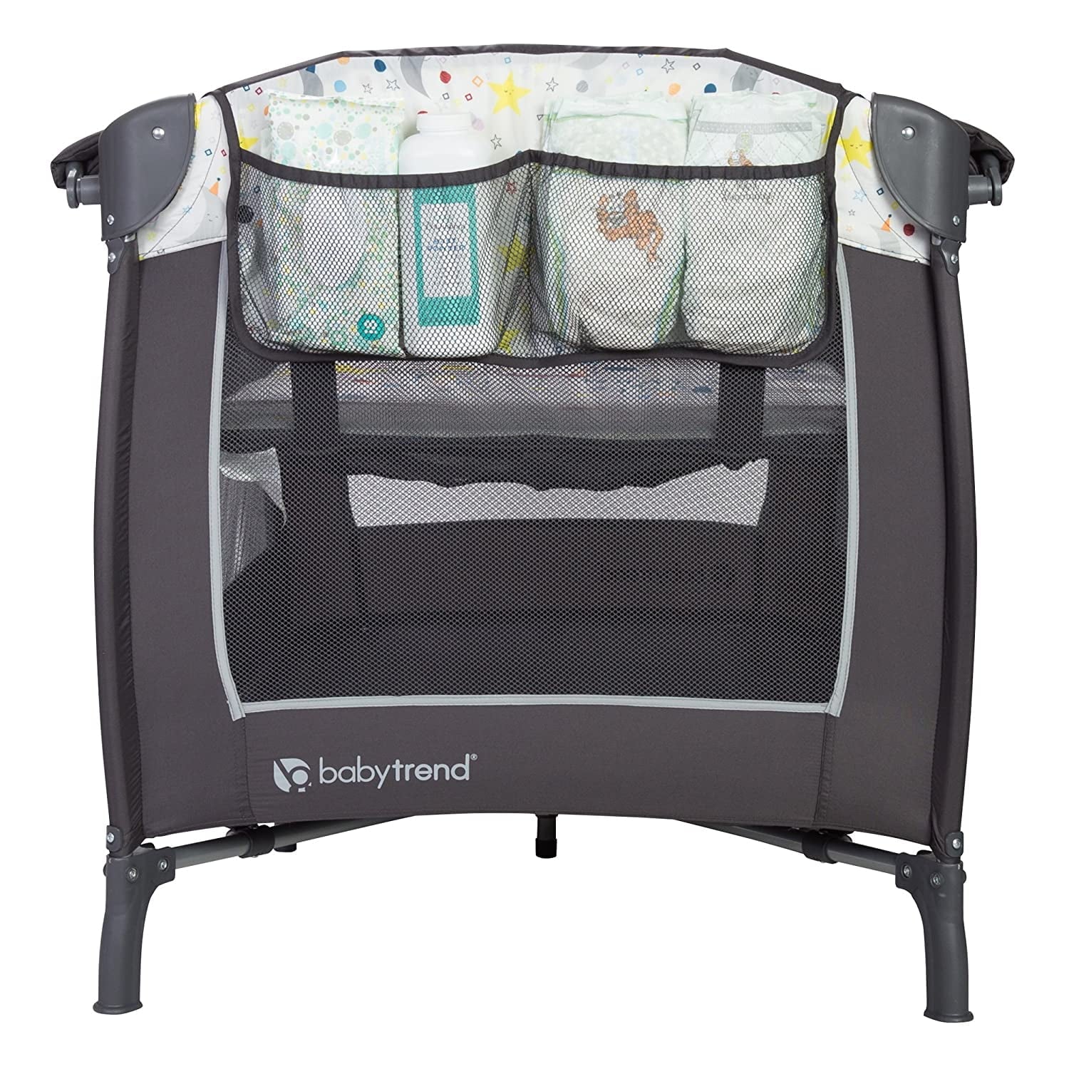 Baby Trend Lil Snooze Deluxe II Nursery Center Playard with Changer and Bassient, Twinkle Twinkle Little Moon, White/Gray