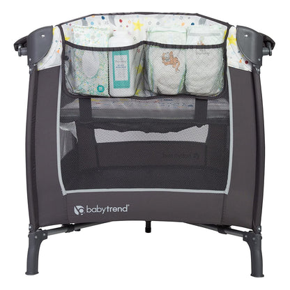 Baby Trend Lil Snooze Deluxe II Nursery Center Playard with Changer and Bassient, Twinkle Twinkle Little Moon, White/Gray